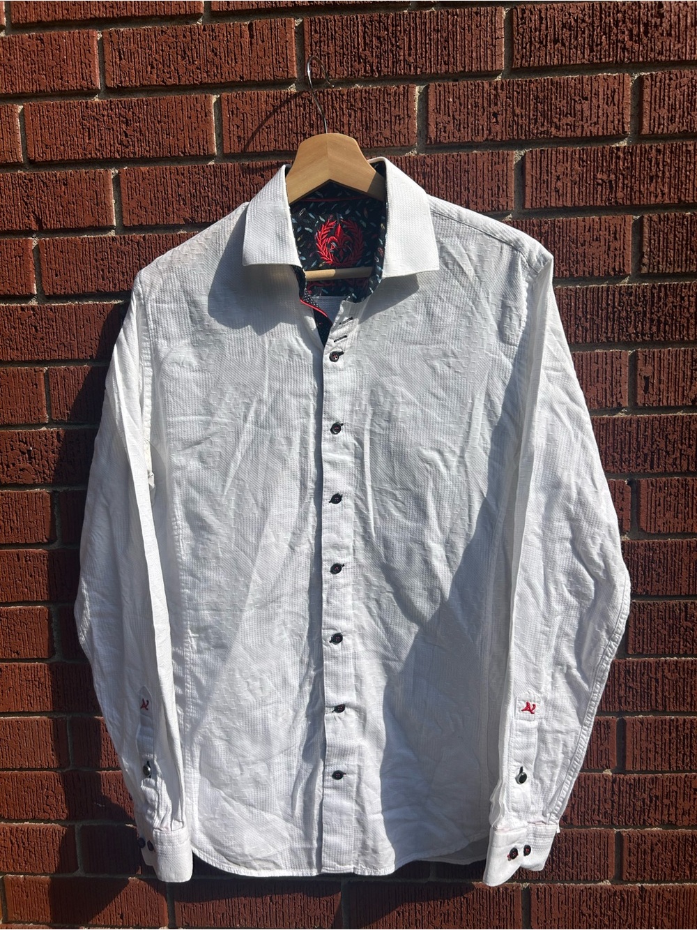 Au Noir White Textured Dress Shirt Contrast Floral Collar Men’s Size 2